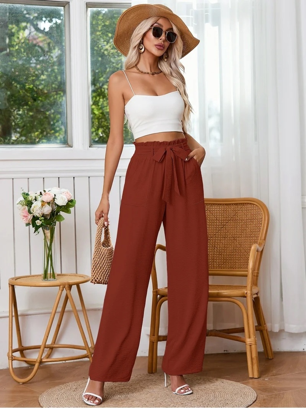 High-Waist Wide Leg Tie-Waist Work Flowy Pants - Rust